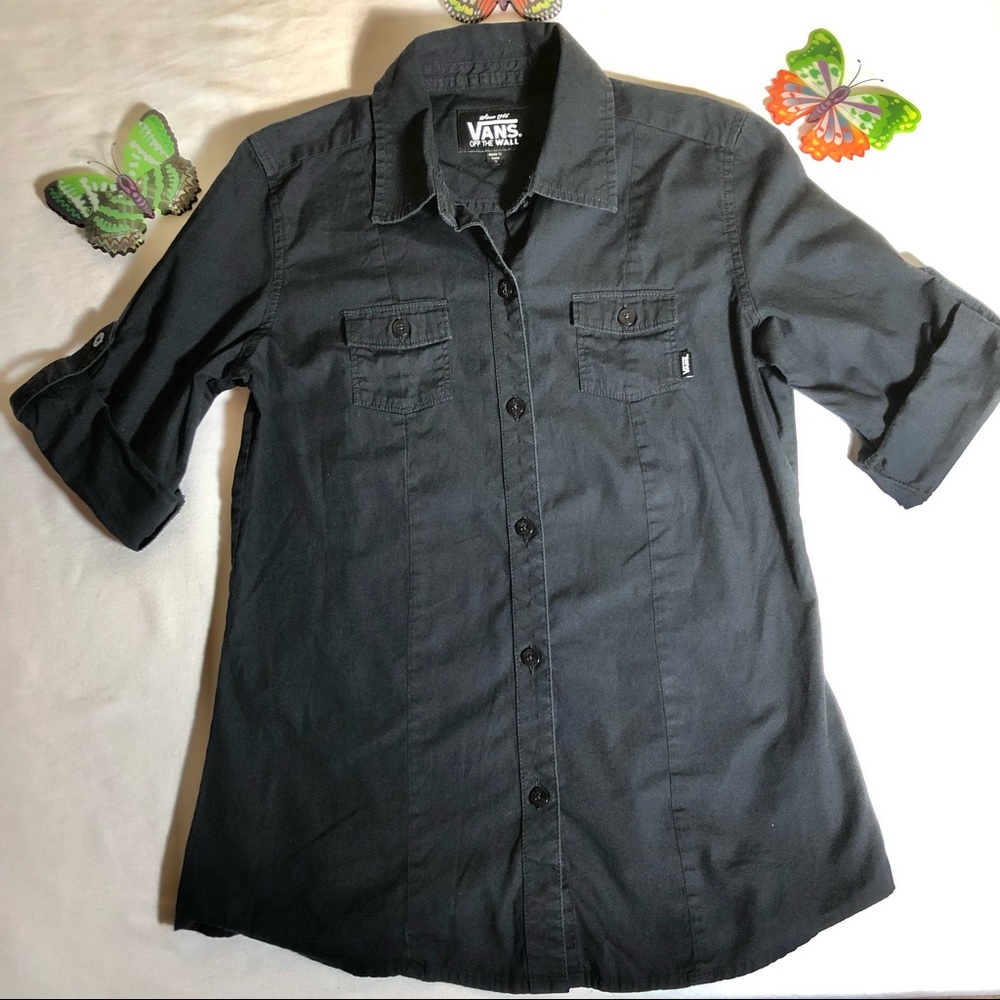 Vans Button Down Black Shirt, Small, buttons to roll up sleeve, EUC